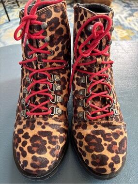 Kohl's Leopard Print Lace-Up Ankle Boots with Red Laces